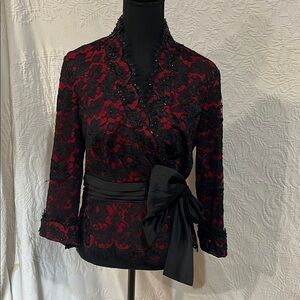 Tadashi Black and Red Lace Wrap Jacket, size 10